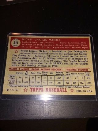 1952 Topps Mickey Mantle York Yankees 311 (reprint) Baseball Card 3