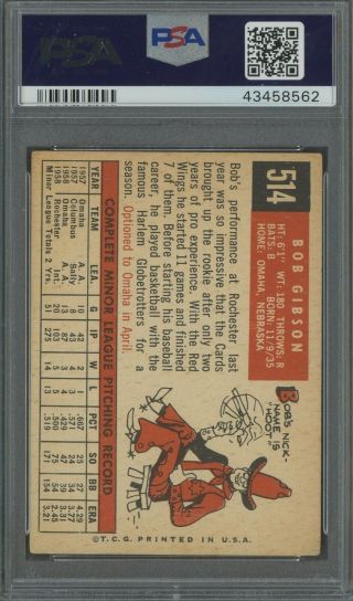 1959 Topps 514 Bob Gibson St.  Louis Cardinals RC Rookie HOF PSA 4.  5 VG - EX, 2