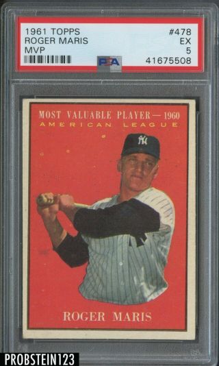 1961 Topps 478 Roger Maris York Yankees Mvp Psa 5 Ex
