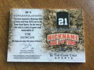 2019 LEAF IN THE GAME TIM DUNCAN NICKNAME HALL OF FAME JERSEY 1/2 2