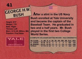 George H.  W.  Bush Custom Yale Baseball Card of 41st President of the United State 2