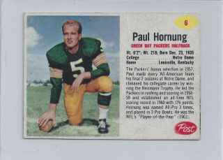 1962 Post Cereal Football 6 Paul Hornung Green Bay Packers