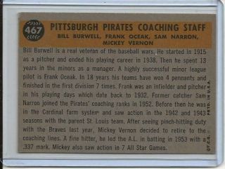 1960 Topps Baseball Card of the Pittsburgh Pirates Team Coaches Near 467 2