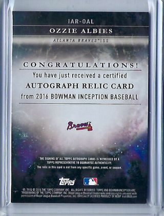 2016 Bowman Inception Ozzie Albies Game Relic Auto RC Braves Autograph 2