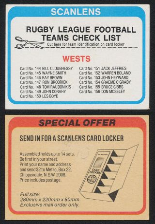 1979 Wests Scanlens Rugby League Check List Card