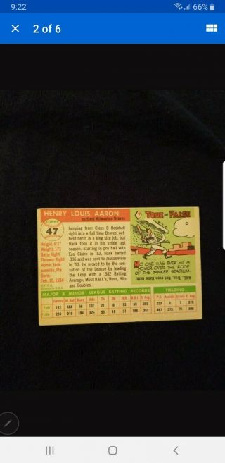 1955 Topps Hank Aaron Milwaukee Braves 47 Baseball Card.  card. 2