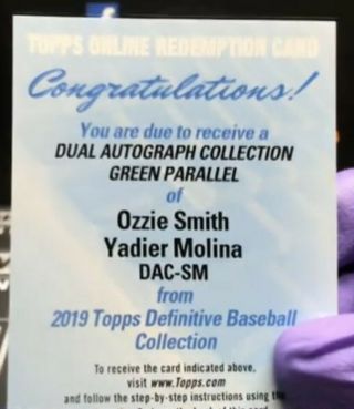 2019 Topps Definitive Yadier Molina Ozzie Smith Dual Autograph Auto Green Ed 10