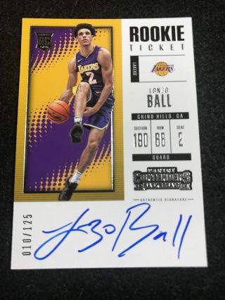 2017 - 18 Panini Contenders Lonzo Ball Rc Auto Rookie Ticket D 10/125 Lakers
