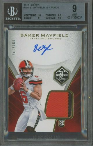 2018 Limited Baker Mayfield Browns Rpa Rc Rookie Patch Auto Bgs 9 W/ 10