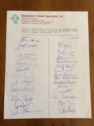 England / Australia One Day Cricket Signed Team Sheet Memorabilia Brisbane 1987