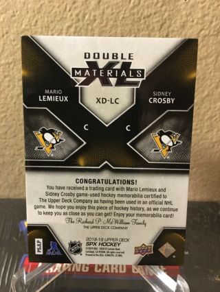 Mario Lemieux / Sidney Crosby 2018 - 19 SPx Double XL Duos Materials Patch 4/10 2