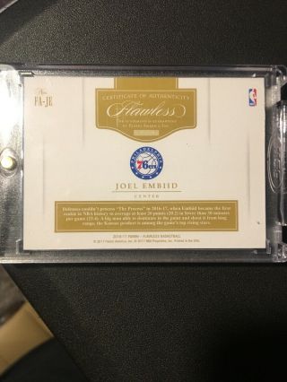 2016 - 17 Flawless Autographs Joel Embiid Gold On Card Auto /10 76ers Smudge 3