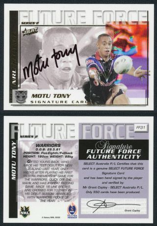 Motu Tony Authentic Signature 2002 Select Future Force 2 Nrl Card Ff31