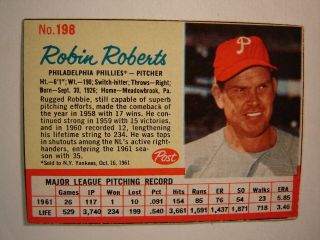 1962 Post,  198 Robin Roberts,  Of - 10,  Nrmt -