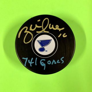 Brett Hull Signed St.  Louis Blues Hockey Puck Nhl W/ 741 Goals Inscription,