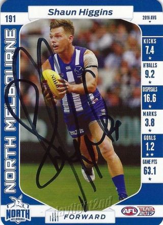 ✺signed✺ 2017 North Melbourne Kangaroos Afl Card Shaun Higgins