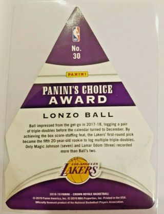 2018 - 19 Panini Crown Royale Lonzo Ball Choice Award Card 38/99 Lakers NBA 2