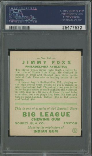 1933 Goudey 154 Jimmy Foxx Philadelphia A ' s PSA 1 POOR 2
