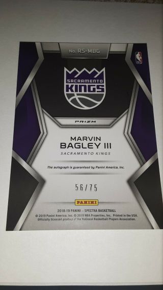 2018 - 19 Panini Spectra Marvin Bagley III ' Rising Stars Signatures ' Auto 56/75 4