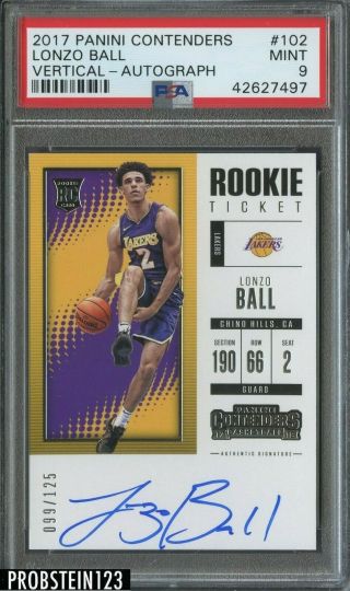 2017 Contenders Rookie Ticket Vertical Lonzo Ball Rc Auto /125 Psa 9
