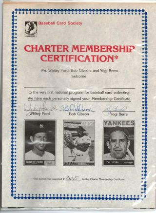 Unusual Certificate Autographed By Whitey Ford,  Bob Gibson And Yogi Berra