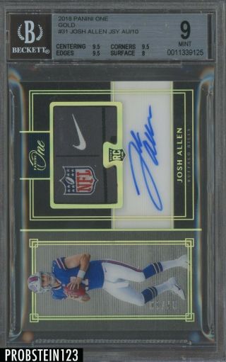 2018 Panini One Gold Josh Allen Rpa Rc Nfl Shield Nike Tag Patch Auto /10 Bgs 9
