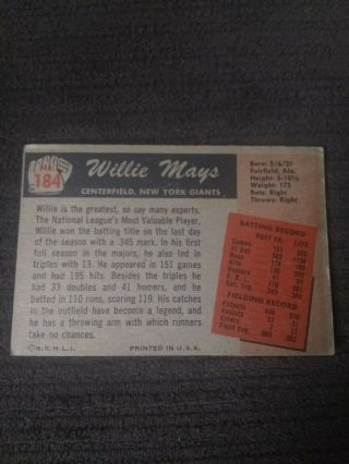 1955 Bowman Willie Mays York Giants 184 Baseball Card 2