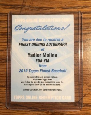 2019 Topps Finest Origins Autograph Yadier Molina Cardinals Auto Case Hit Rare