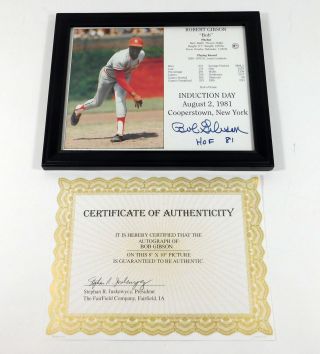 Bob Gibson Signed 8 X 10 Photo Card Framed Cardinals Fairfield Auto