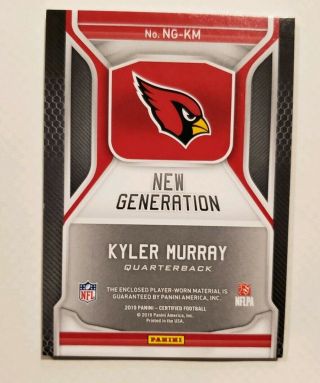 Kyler Murray rookie relic 2019 Panini Certified Patch - Arizona Cardinals 2