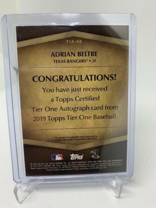 2019 Topps Tier One Baseball Adrian Beltre On Card Auto 21/60 T1A - AB 2