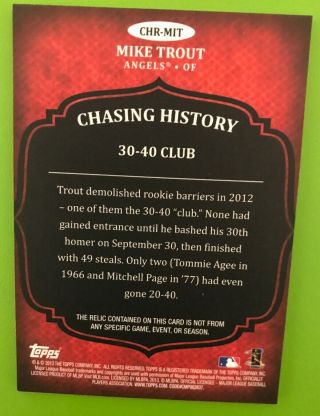 2013 Topps Chasing History Mike Trout CHR - MIT GAME BAT RELIC 30 - 40 Club 6