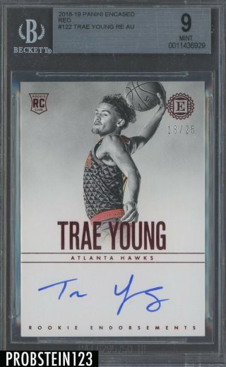2018 Panini Encased Red Endorsements Trae Young Hawks Rc Auto /25 Bgs 9