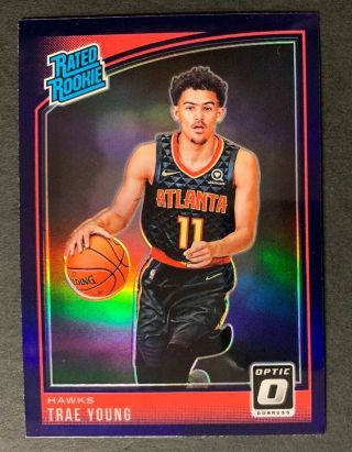 Trae Young 2018 - 19 Optic Rated Rookie Purple Prizm Rookie Card Hawks