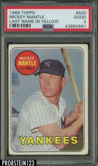 1969 Topps 500 Mickey Mantle York Yankees Hof Last Name In Yellow Psa 2