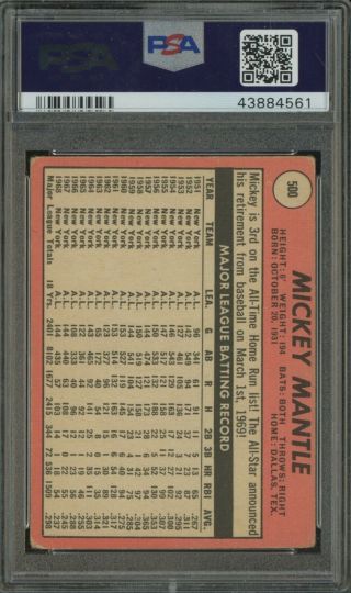 1969 Topps 500 Mickey Mantle York Yankees HOF Last Name In Yellow PSA 2 2