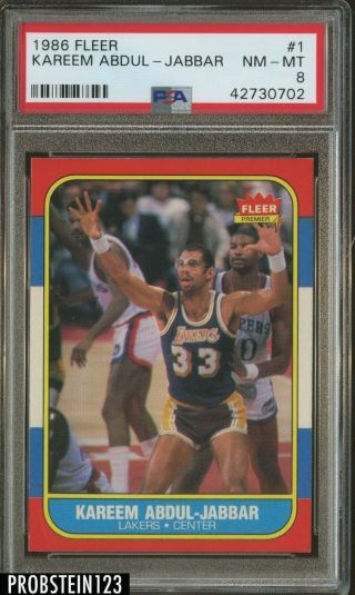 1986 Fleer Basketball 1 Kareem Abdul - Jabbar Los Angeles Lakers Hof Psa 8 Nm - Mt