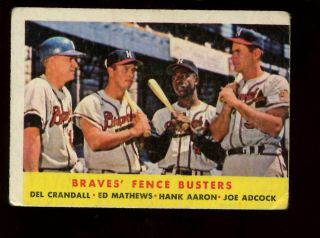 1958 Topps Baseball Card 351 Braves Fence Busters Hank Aaron / Eddie Mathews