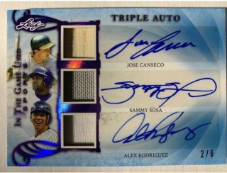 2019 Leaf In The Game Sports Canseco,  Sosa,  Arod /6 Triple Jersey Auto