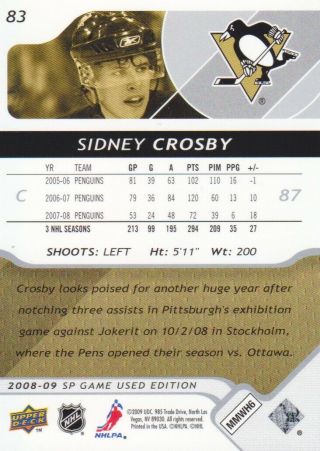2008 - 09 SP Game Hockey 83 Sidney Crosby Pittsburgh Penguins 2
