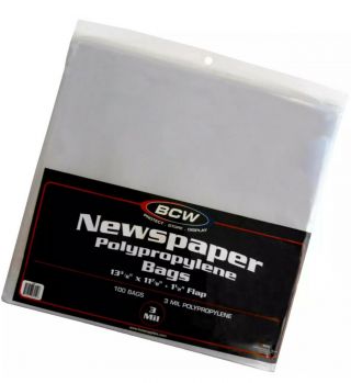 Bcw Polypropylene Newspaper Bags 13 3/8 X 11 7/8,  1 1/2 Flap 100 Pack Plastic