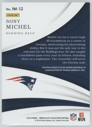 SONY MICHEL 2018 IMMACULATE ROOKIE JUMBO NUMBERS PATCH 15/25 PATRIOTS RC CFD 2