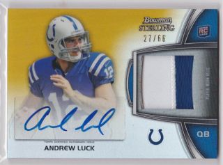 Andrew Luck 2012 Bowman Sterling Gold Refractor 2 Color Patch Autograph Rc /66