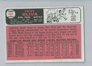 1966 Topps Baseball card 450 Tony Oliva Twins EXMT to NM 2