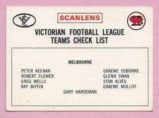 1974 Scanlens Vfl Card: Melbourne Demons Check List (unmarked) Exc