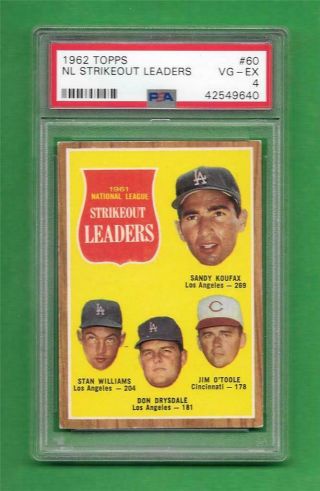 1962 Topps 60 Nl Strikeout Leaders Sandy Koufax Psa Vg - Ex 4 Baseball Card