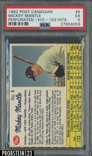 1962 Post Canadian 5 Mickey Mantle Yankees Perforated 153 Hits Psa 5 Ex
