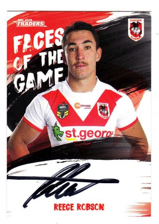Reece Robson St George Illawarra Dragons 2019 Faces Of The Game Signed Card