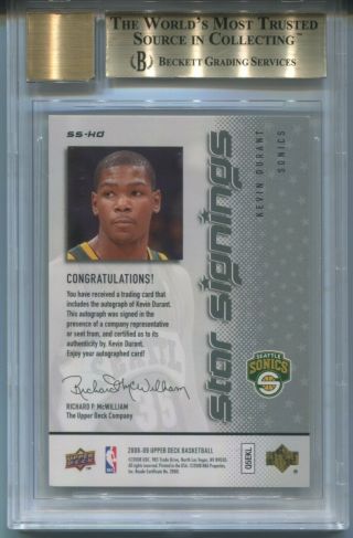 2008 - 09 Kevin Durant Upper Deck AUTO STAR SIGNINGS Seattle Sonics BGS 9.  5/10 GEM 2