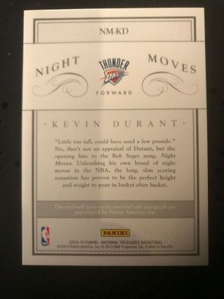 2014 - 15 National Treasures Kevin Durant Night Moves 3 Color Patch Auto 10/10 1/1 2